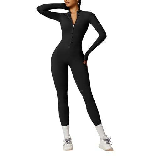 OEAK Damen Sport Jumpsuit Lang Eng Yoga Overall Langarm Rollkragen Playsuits mit Reißverschluss Nahtloser Bodysuit Bodycon Strampler Einteiler Romper,Kohlenschwarz,S