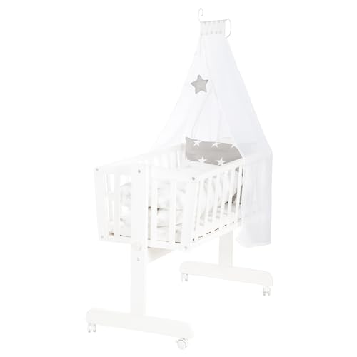 roba Babywiege Little Stars 40 x 90 cm aus Holz - Stubenwagen & Wiege - Bett-Set komplett mit Feststellfunktion & textiler Ausstattung - Weiß/Grau