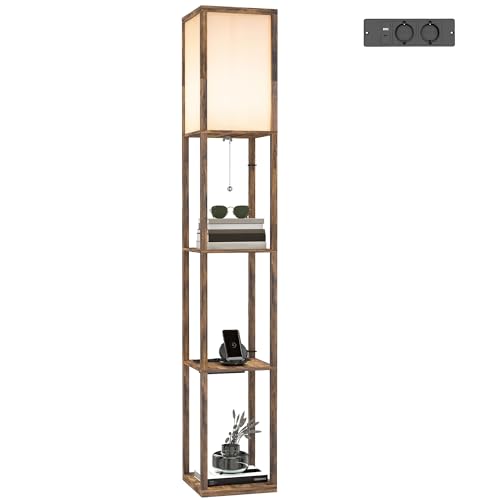 HOMCOM LED Stehlampe mit Regalen, Wohnzimmer Stehleuchte mit E27 Fassung bis 40W, USB-Anschlüsse Standleuchte mit Lampenschirm aus Acryl für Schlafzimmer, Arbeitszimmer, Büro, Rustikal-Braun