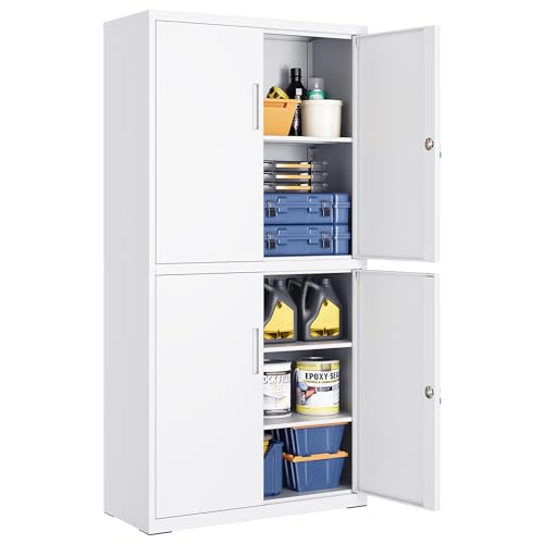 SONGMICS Aktenschrank, Mehrzweckschrank, Büroschrank, mit 4 Türen und 5 Ebenen, 40 x 80 x 180 cm, 2 Schlösser, verstellbare Ablagen, Aufbewahrungsschrank aus Stahl, mattweiß OMC016WG01