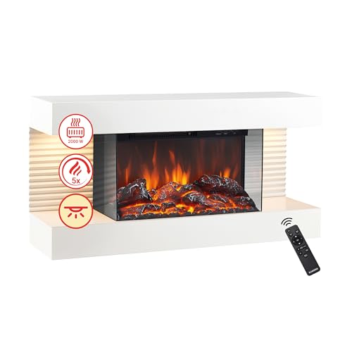 KAMINIO Elektrokamin Liz - Elektrischer Wandkamin mit Heizung, 3D-Flammeneffekt, LED-Ambientelicht, Fernbedienung (Weiß)