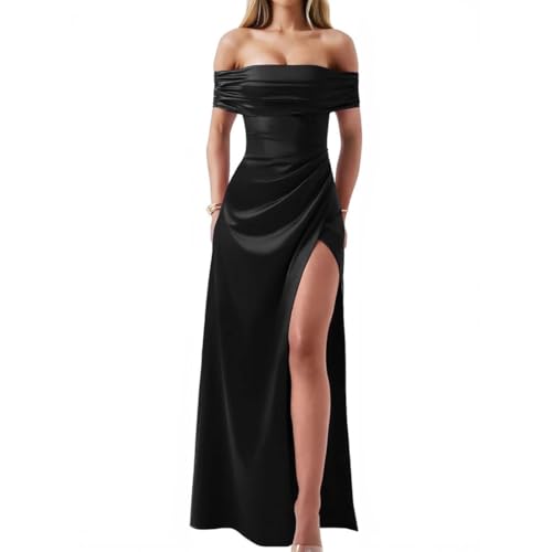Gkaopi Damen Abendkleid Lang Sexy Ärmelloses Ballkleider mit Schlitz Schulterfrei Midikleid Elegant Bodycon Eng Sommerkleid Figurbetontes Festliche Hochzeit Partykleid Cocktailkleid