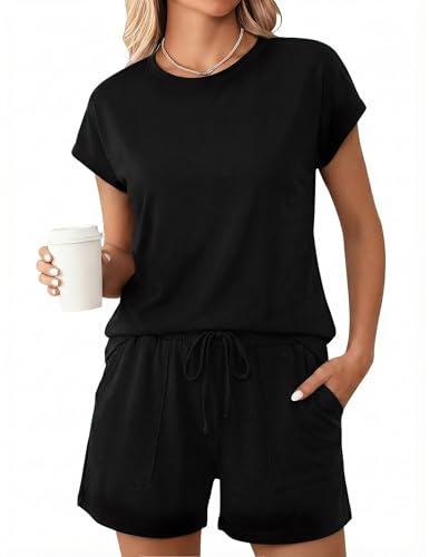 Uniexcosm Schlafanzug Damen Kurz Sommer Pyjama Set Zweiteiler Nachtwäsche Einfarbig Oberteil und Schlafshort Sleepshirt für Frauen Schwarz L