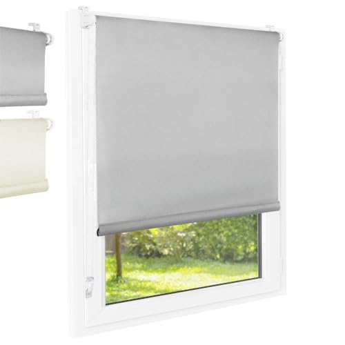 FOXX Thermo Rollo [FÜR Fenster OHNE Bohren] 85x220 cm Grau/Innenrollo Blickdicht als Sichtschutz/Klemmfix Montage/Für Schlafzimmer, Wohnzimmer, Küche, Büro, Kinderzimmer