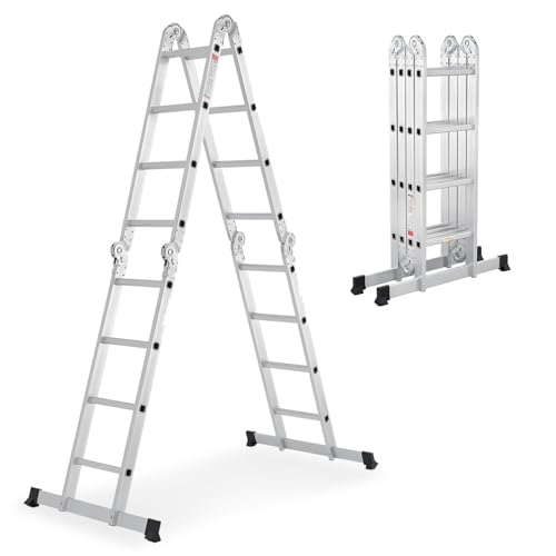 Juskys Leiter Aluminium 4x4 Stufen – Klappleiter 4-teilig bis 150 kg, Multifunktionsleiter 4,7 m mit Gelenken als Stehleiter & Anlegeleiter