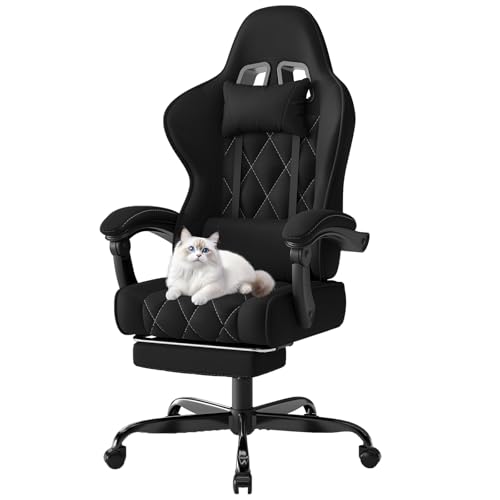 Devoko Gaming Stuhl Stoff ergonomisch mit Massagefunktion und Fußstütze, Taschenfederkernpolster, 135° verstellbar, atmungsaktiv für Home Office oder Gaming Zimmer schwarz