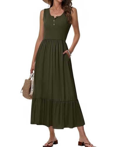 Tanmolo Damen Sommer-Maxikleid mit Taschen Ärmellos (Dunkelgrün L)