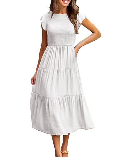 CMTOP Sommerkleid Damen Lang Kleider Sommer Casual Flatterärmel Strandkleid Rüschen Gerüschte Maxikleid Rundhals Elastische Taille Sommerkleider Knielang Gestuftes A Linien Kleid(Weiß, L)