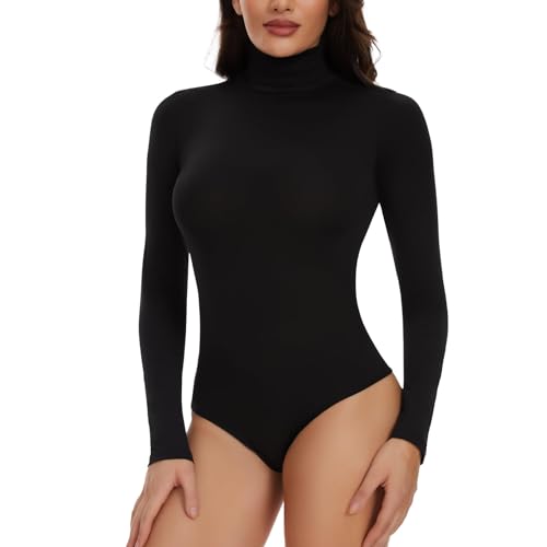 Joyshaper Damen Body Langarm Elegant Bodysuit Stehkragen Oberteil Bluse Langarmbody Langarmshirt Overalls Hemd Long Sleeve Tops Schwarz-1,XL