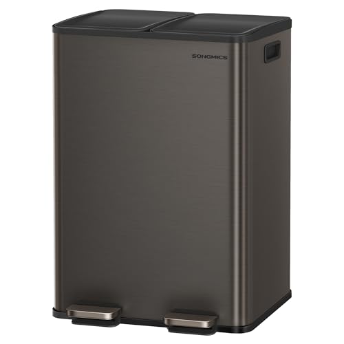 SONGMICS Mülltonne, 2 x 8 Gallonen (2 x 30 l), Doppel-Fächer-Mülleimer mit sanft schließendem Deckel, Pedal und Inneneimer, Edelstahl, inklusive 15 Müllbeutel, schiefergrau ULTB741G01