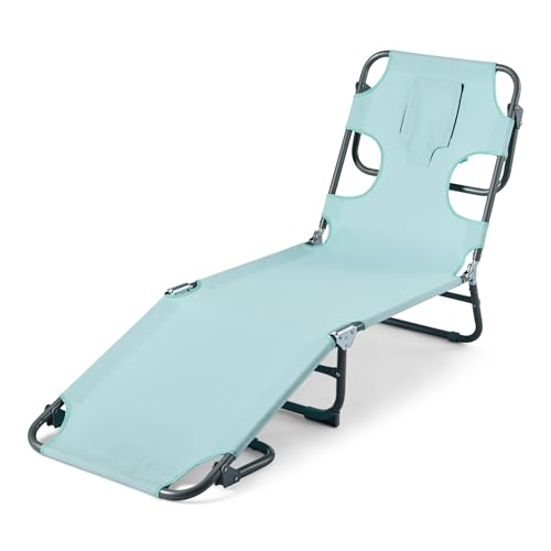Amazon Basics Outdoor-Lounge-Stuhl für Terrasse und Pool, Klappbare Sonnenliege mit Mehrwinkliger Rückenlehne, Tragegurt, Blau