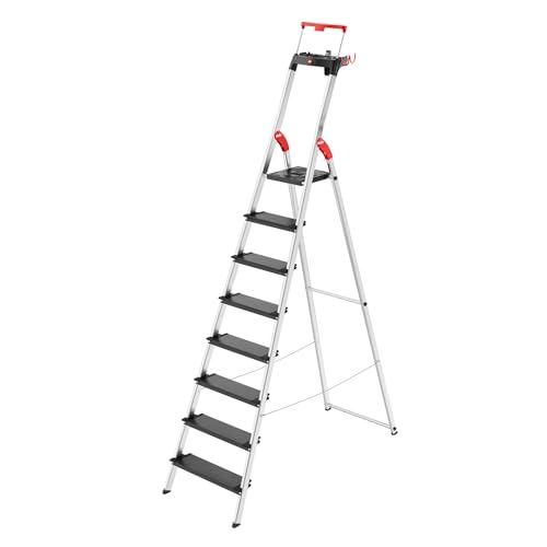 Hailo L100 Topline Alu-Sicherheits-Stehleiter - 8 XXL-Stufen bis 150 kg - Stehleiter mit ausziehbarem Haltebügel, Plattformverriegelung - viel Zubehör - klappbare Aluleiter Made in Germany - schwarz