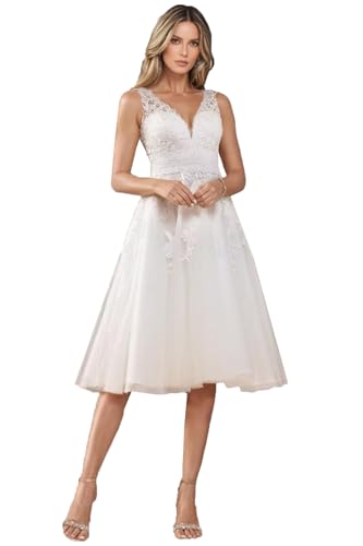 Beyonddress Midi Brautkleider für Braut Tee Länge Spitze Applikationen Hochzeitskleider für Frauen Tüll Abendkleider G-Elfenbein,DE40