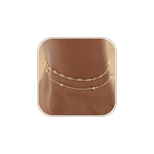 VIROMY Fußkettchen für Damen Gold,Layered,Wasserdicht,14K Vergoldet