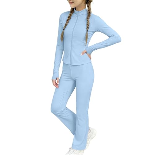 Yoga Bekleidungssets für Mädchen Modisch Sportanzug Set Langarm Jogginganzug mit Reißverschluss Daumenloch Kinder Sommer Outfit Sport Jacke mit Schlaghose Atmungsaktive Kleidung für Laufen, Fitness