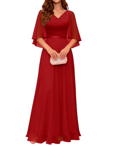 DRESSTELLS Damen Cocktailkleid A-Linie Kurze Ärmel Ballkleid Maxi Abendkleider Elegant für Hochzeit Burgundy 3XL