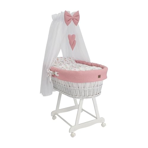 Stubenwagen Lena mit Baldachin – Babywiege mit Rollen, Matratze & Bettwäsche aus Waffelstoff mit Rosa - Häschen, handgefertigt, weiß Moseskorb aus Weide
