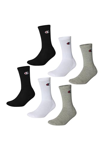 Champion Unisex Socks Basics 6pk Crew Füßlinge, Hellgrau Meliert, Weiß, Schwarz, 43-46 EU