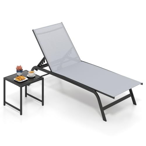 COSTWAY Sonnenliege mit Rollen und Tisch, Gartenliege bis 150kg belastbar
