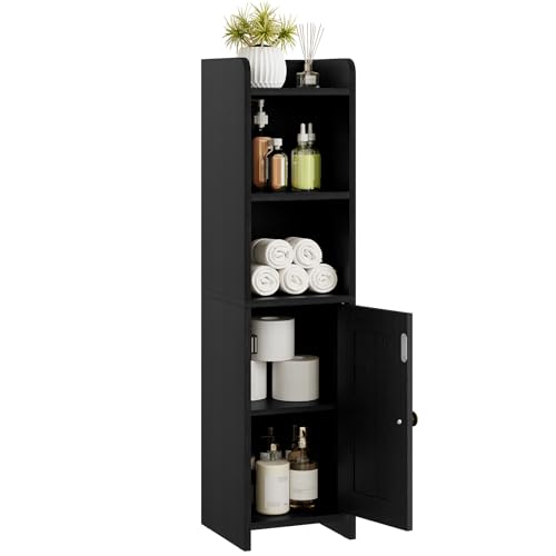 Lomojo Kleiner Badezimmer-Aufbewahrungsschrank, Eckschrank, Bodenschrank mit verstellbaren Regalen, freistehend, schmal, Badezimmer, Toilettenpapier-Organizer für kleine Räume (schwarz)