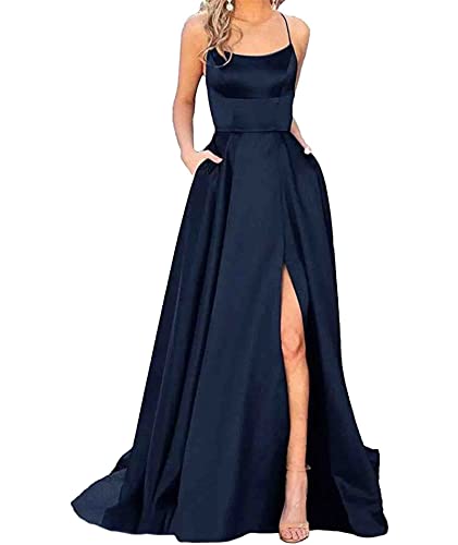 HAHAEMMA Damen Elegant Lange Ballkleider mit Taschen Satin A-Linie Backless Hochzeitskleid Abendkleider Sexy Neckholder Spaghetti Brautkleid Kleider Lang Prinzessin Brautjungfer Kleid (ZQ-M)