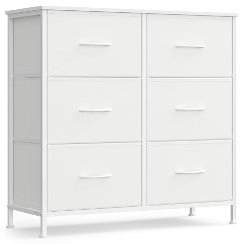 SONGMICS BELLAH Kollektion - Kommode, Schrank, Aufbewahrungsschrank, für Schlafzimmer, Flur, Wohnzimmer, Stahl, 6 Schubladen, modern, wolkenweiß-schneeweiß LGS123WH01