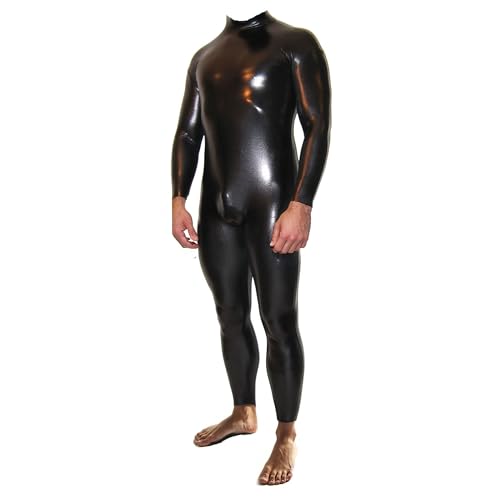 Rubberfashion Wetlook Catsuit - Ganzkörper Glanz Ganzanzug Suit - Schritt offen für Damen und Herren Schwarz Metallic XL