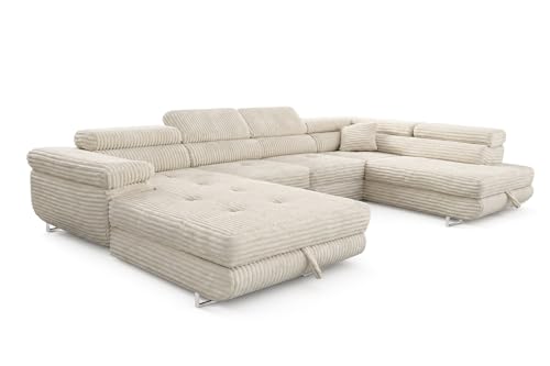 SOFILAND Cordo U XXL Wohnlandschaft mit Schlaffunktion und 2 Bettkästen - Breitcord Tilia - U-Form Sofa (Cremig, Rechte Seite)