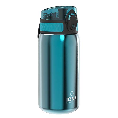 ION8 Kinder Trinkflasche, Edelstahl Leicht 400ml, Nicht Isoliert, Auslaufsicher, Einhandöffnung, Sichere Verriegelung, Spülmaschinenfest, Klappdeckel, Tragegriff, Leicht zu Reinigen, Aqua