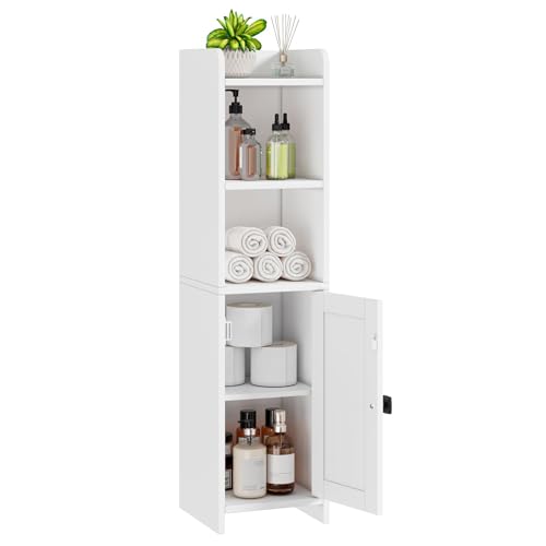 Lomojo Kleiner Badezimmer-Aufbewahrungsschrank, Eckschrank, Bodenschrank mit verstellbaren Regalen, freistehend, schmal, Badezimmer, Toilettenpapier-Organizer für kleine Räume (weiß)