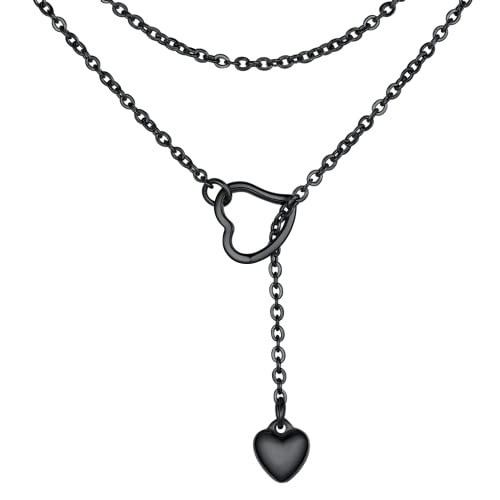 FOCALOOK Damen Mädchen Collier schwarz Edelstahl Lariat Kette mit Herz Anhänger 80cm lange Minimalist Y-Kette verstellbar Modeschmuck Accessoire für V-Ausschnitt Pullover Kleid