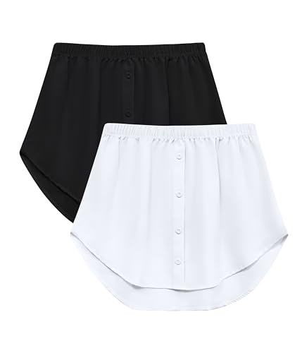 Vlazom Damen Mini Unterrock Shirt Blusenrock Hemdverlängerung Lower Skirt Sweep Rocksaum mit Knöpfen(M,Schwarz + Weiß)