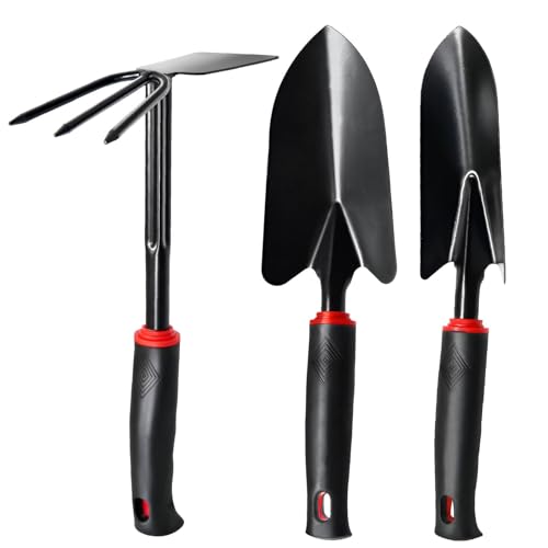 Gartengeräte 3-teilig mit rutschfestem Griff – Professionelles Set aus Edelstahl zum Bepflanzen, Ausgraben und Hacken (Kehrschaufel, Pflanzkelle, Doppelhacke)