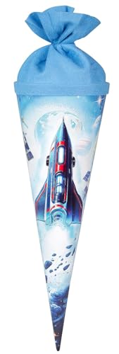 goldbuch 93 161 Geschwistertüte Weltraum, Schultüte mit Raumschiff-Motiv, Lackkarton, Geschenkverpackung mit blauem Filzverschluss (ohne Verschlussband), Zuckertüte rund, Länge 35 cm, Ø 11,5 cm, Blau