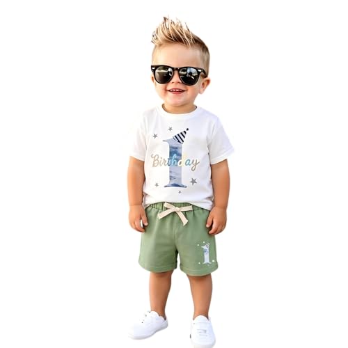 1. Geburtstag Junge Babykleidung Bekleidungssets für Baby Sommer Outfit Jungen T-Shirt und Shorts Kinder Set Erster Geburtstags Kleidung Kleinkind Kostüm Rundhals Kurzarm Outfits(1 Jahre,Grün)