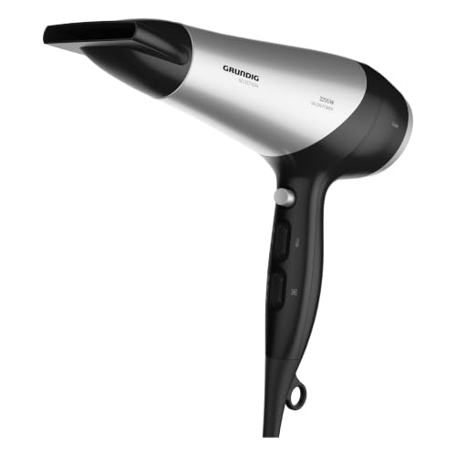 Grundig HD 6080 B Haartrockner | Ionen Föhn mit Diffusor, 3 Temperatur- und 2 Luftstromstufen | 2.200 W, Schwarz/Silber