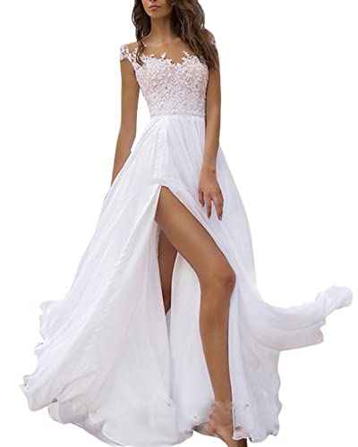 Brautkleid Hochzeitskleid A-Linie Stickerei Damen Lang Hochzeitskleider Spitze Brautmode Rückenfrei Vintage A Linie Brautkleid Abendkleider,Weiß,L