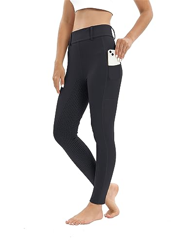 Havideto Reitleggings Damen Vollbesatz mit Handytasche, High Waist Reithose Damen Mädchen Stretch mit Gürtelschlaufen Grau L