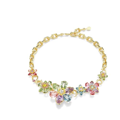 Swarovski Idyllia Halskette, Mehrfarbige, Vergoldete Damenhalskette mit Farbenfrohen Blumen aus Strahlenden Kristallen in Unterschiedlichen Größen und Formen, Länge: 38-43 cm