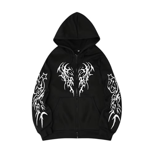Generisch Herren Zip-Hoodie im Y2K-Stil mit Gothic-Flügel-Print - Kapuzenjacke mit Tribal-Muster auf Brust und Ärmeln | Lässige Streetwear-Jacke für einen alternativen Look