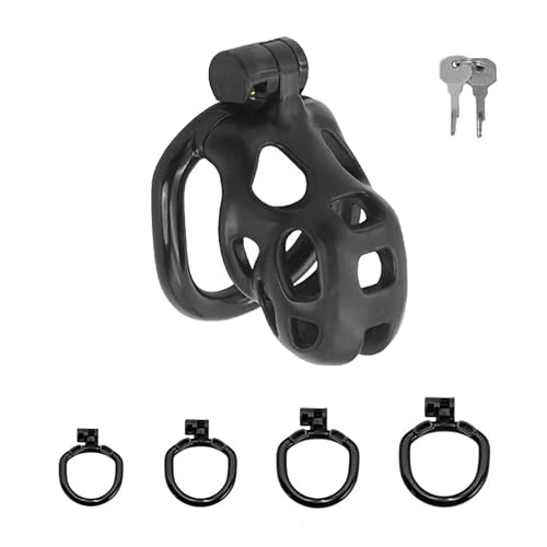 Fjquamitix Harz Keuschheitskäfig Sex Spielzeug für die Männer Keuschheitsgürtel Cock Cage mit 4 Penisringe, SM Fetisch Extrem Penis Bondage Hohldesign Atmungsaktiv Peniskäfig,M