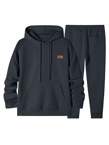 Elegancity Herren Jogginganzug Set Casual 2-Teiliger Trainingsanzug mit Kapuzenpullover und Herren Jogginghose Casual Sportanzug Pullover Hoodie Laufanzug mit Strukturmuster，Dunkelgrau XL