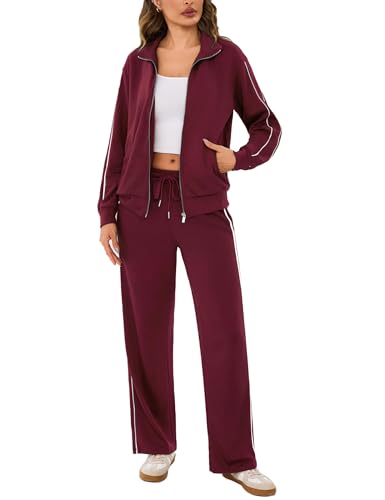 Terecey Jogginganzug Damen Set 2 Teiliges Lounge Trainingsanzug Frauen Streifen Sportanzug Fitnessanzug mit Taschen Herbst Langarm Reißverschluss Outfits Sets Tracksuit Freizeitanzug Weinrot M