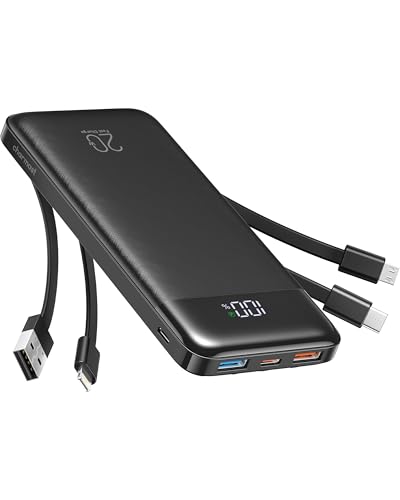 Charmast Power Bank, 22,5W Powerbank 20000mAh mit Kabel USB C und LED-Display, PD3.0 QC4.0 Externe Handyakkus mit 6 Ausgängen Kompatibel mit iPhone 16 15 14 13 12 11 Pro Max Plus Samsung Huawei Tablet