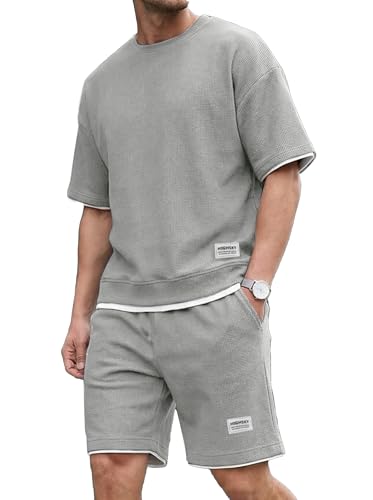 NANAMEEI Jogginganzug Herren Sommer 2 Teiler Waffle Kurzarm Tshirt Shorts Freizeit Grau L