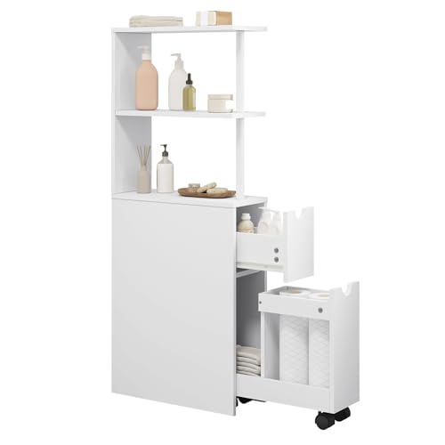 EUGAD Nischenschrank Badezimmer, mit Schublade auf Rollen, offenen Ablagen, Badschrank Badezimmerschrank schmal, Seitenschrank Küchenschrank Mehrzweckschrank, Weiß, 19x113x45 cm (BxHxT)