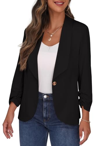 PrinStory Blazer Damen Sportlich Elegant 3/4 Ärmel Blazer Büro Female Geschäft Dressy Jack Outfits Für Die Arbeit (Schwarzer Blazer, US 10, EU 40)