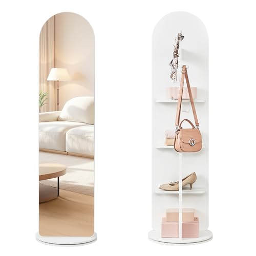 SONGMICS Ganzkörperspiegel, Standspiegel, 360° drehbarer Spiegel, 163 x 45 cm, mit Sockel, Ablagen und Haken, klares Hartglas, für Schlafzimmer, Wohnzimmer, gewölbter Spiegel, wolkenweiß LFM037WB01