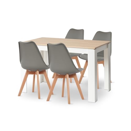 FURNITABLE Esstisch mit 4 Stühlen Esszimmergruppe, 4er Set Esszimmerstühle und 120CM Rechteckig Holztisch Essgruppe für Wohnzimmer Küche Büro (Eiche-Weiß Tischbein Tisch+4 Grau Stühle)