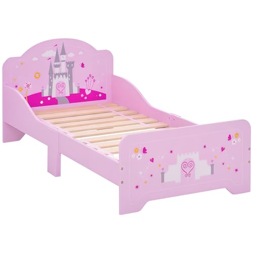 HOMCOM Kinderbett - Kinderbett Princess Design Schlossmotiv - Inklusive Lattenrost - MDF Sperrholz Rosa